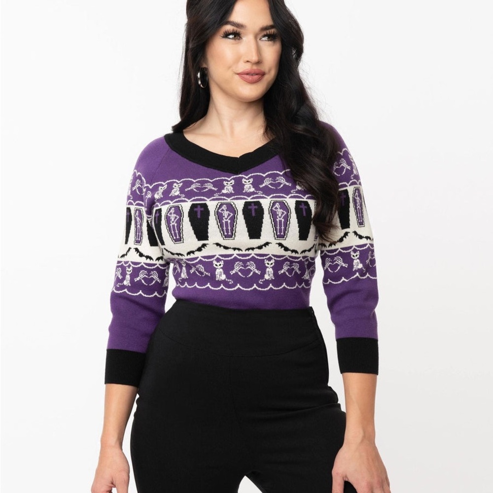 Purple Coffin Pattern V-Neck Sweater